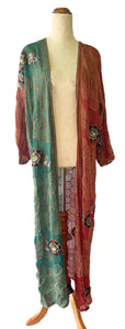 Embellished Kimono ~ Aqua & Rust ~ Freesize