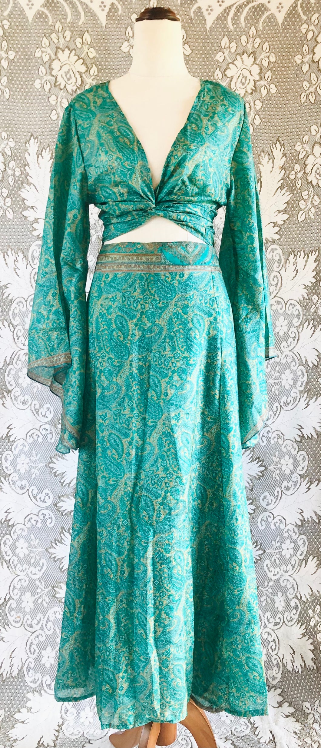 Luna Skirt Co-ord - 100% Silk - Teal Paisley - Freesize