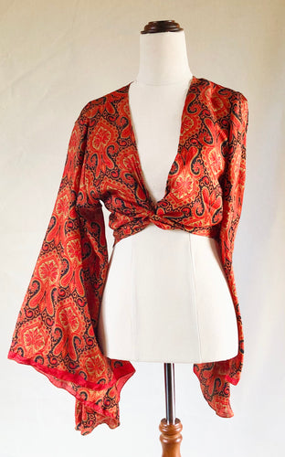 Luna Bell Top - 100% Silk - Red & Black Paisley - Free Size