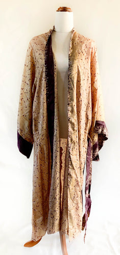 Esha Kimono - 100% Silk - Beige & Plum Border - Free Size