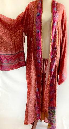 Eila Kimono - 100% Silk - Pink Border & Floral - Free Size